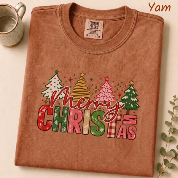 New Year's Large Lettering Multi Style Apparel Merry Christmas Shirt — alternate product mockup large merry new year's lettering multi-style apparel t-shirt product photo