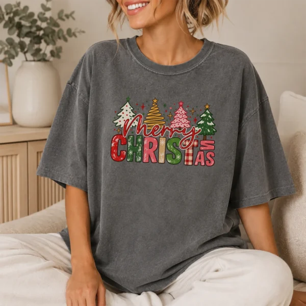New Year's Large Lettering Multi Style Apparel Merry Christmas Shirt — lifestyle mockup large merry new year's lettering multi-style apparel t-shirt lifestyle scene
