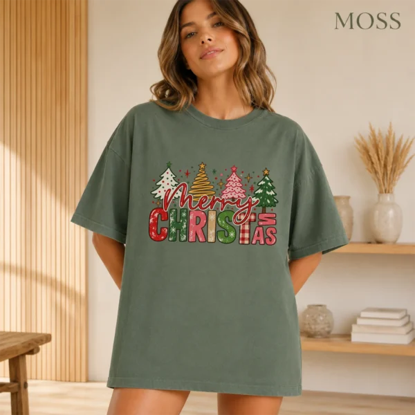 New Year's Large Lettering Multi Style Apparel Merry Christmas Shirt — alternate product mockup large merry new year's lettering multi-style apparel t-shirt color options