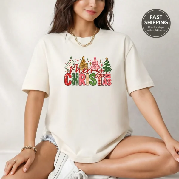New Year's Large Lettering Multi Style Apparel Merry Christmas Shirt — alternate product mockup large merry new year's lettering multi-style apparel t-shirt product photo