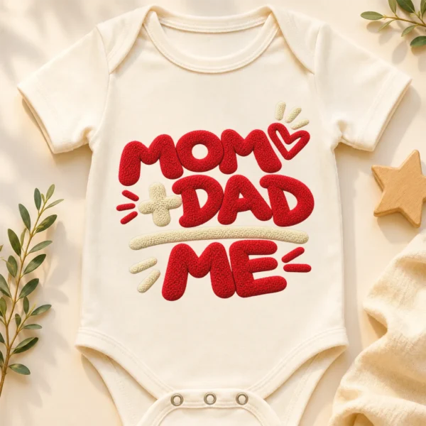 Mom Dad Me Family Chenille Look Baby Bodysuit & Toddler Clothing — baby bodysuit mockup mom dad me baby bodysuit close-up detail