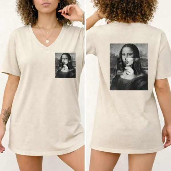 Mona Lisa Lollipop Shirt, Sweatshirt & Hoodie — pocket detail mona lisa lollipop shirt t-shirt close-up detail
