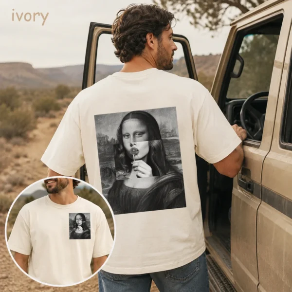 Mona Lisa Lollipop Shirt, Sweatshirt & Hoodie — pocket detail mona lisa lollipop shirt t-shirt close-up detail