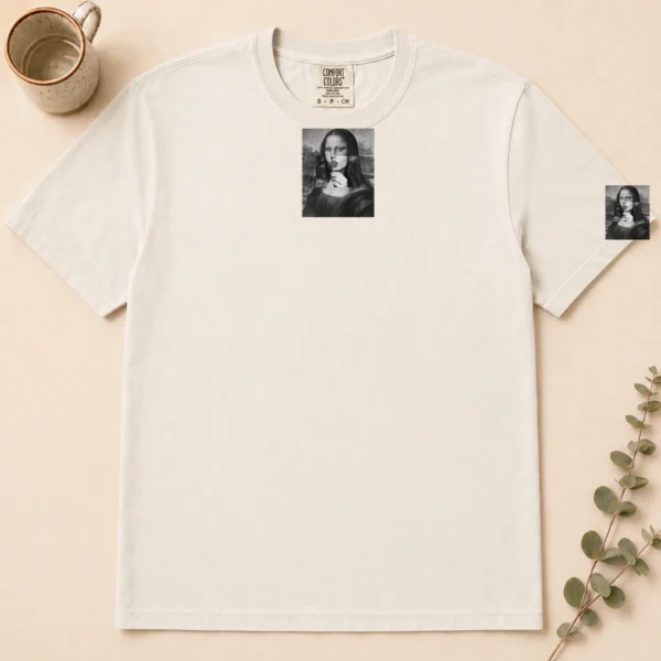 Mona Lisa Lollipop Shirt, Sweatshirt & Hoodie — pocket detail mona lisa lollipop shirt t-shirt close-up detail