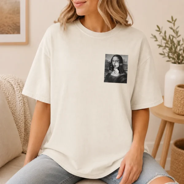 Mona Lisa Lollipop Shirt, Sweatshirt & Hoodie — pocket detail mona lisa lollipop shirt t-shirt model mockup