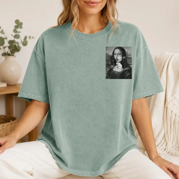 Mona Lisa Lollipop Shirt, Sweatshirt & Hoodie — pocket detail mona lisa lollipop shirt t-shirt model mockup
