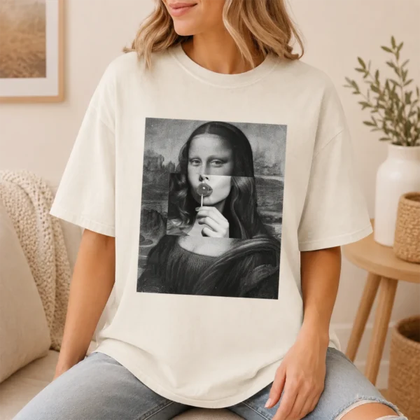 Mona Lisa Lollipop Collage Shirt, Sweatshirt & Hoodie — lifestyle mockup mona lisa shirt t-shirt lifestyle scene