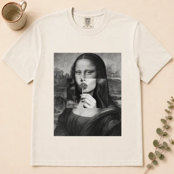 Mona Lisa Lollipop Collage Shirt, Sweatshirt & Hoodie — alternate product mockup mona lisa shirt t-shirt flat lay view