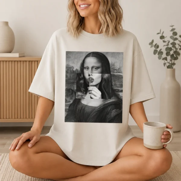 Mona Lisa Lollipop Shirt, Sweatshirt & Hoodie — lifestyle mockup mona lisa shirt t-shirt lifestyle scene