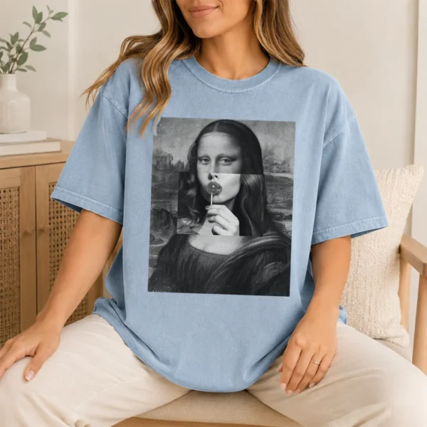 Mona Lisa Lollipop Shirt, Sweatshirt & Hoodie — lifestyle mockup mona lisa shirt t-shirt lifestyle scene