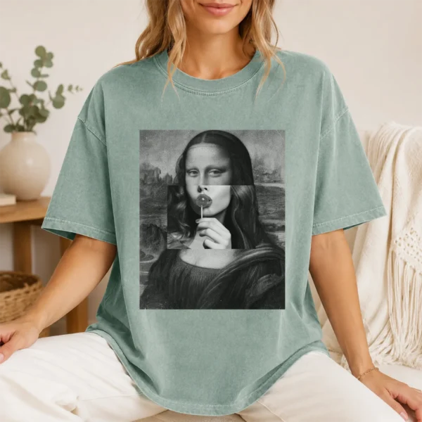 Mona Lisa Lollipop Shirt, Sweatshirt & Hoodie — lifestyle mockup mona lisa shirt t-shirt lifestyle scene