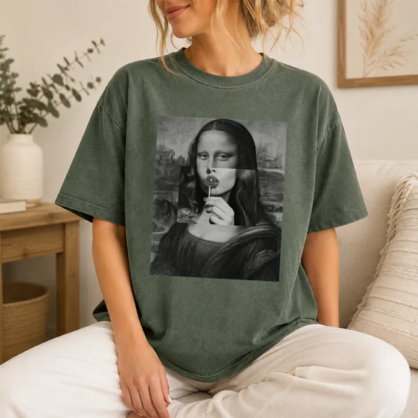 Mona Lisa Lollipop Shirt, Sweatshirt & Hoodie — lifestyle mockup mona lisa shirt t-shirt lifestyle scene