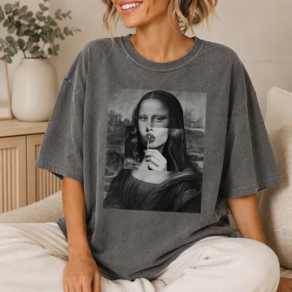 Mona Lisa Lollipop Shirt, Sweatshirt & Hoodie — lifestyle mockup mona lisa shirt t-shirt lifestyle scene