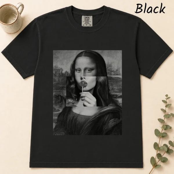Mona Lisa Lollipop Shirt, Sweatshirt & Hoodie — alternate product mockup mona lisa shirt t-shirt flat lay view