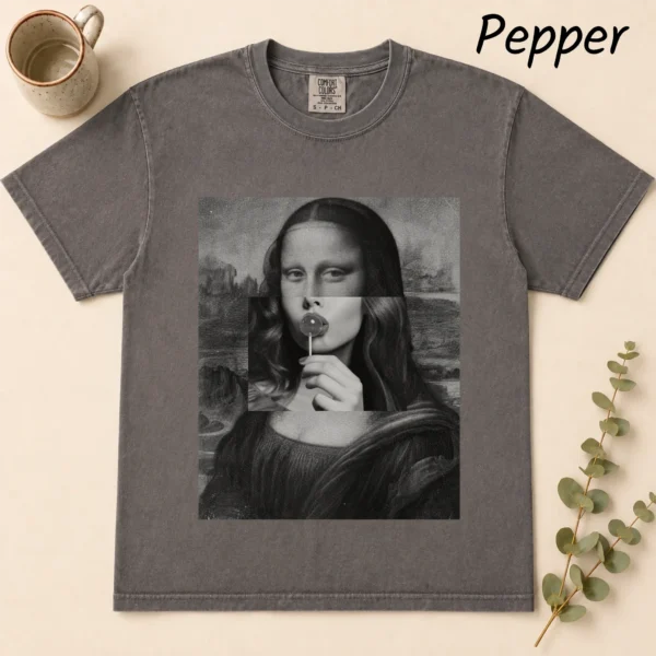 Mona Lisa Lollipop Shirt, Sweatshirt & Hoodie — alternate product mockup mona lisa shirt t-shirt flat lay view