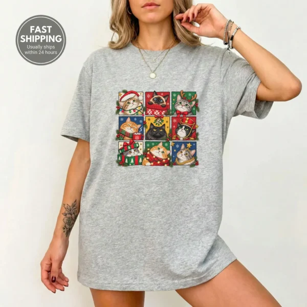 New Year's Cat Shirt, Nine Festive Cat Portraits — alternate product mockup new year's cat shirt t-shirt product photo