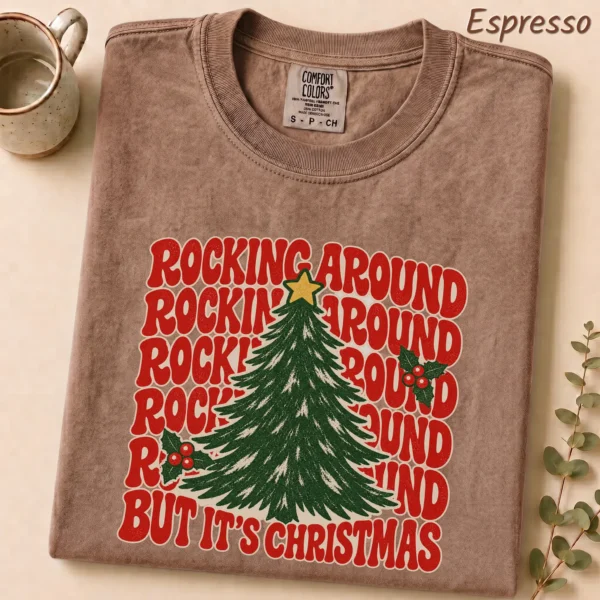 New Year's Tree Shirt, Rockin Around — alternate product mockup new year's tree shirt t-shirt alternate angle