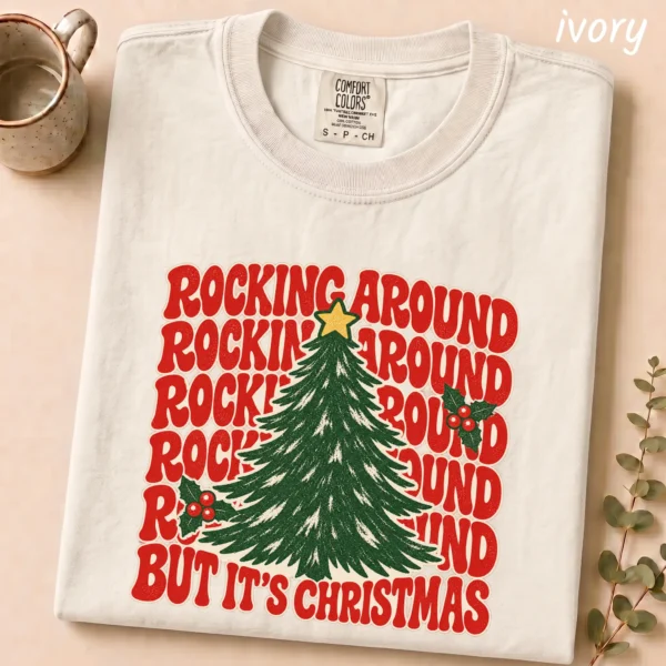 New Year's Tree Shirt, Rockin Around — alternate product mockup new year's tree shirt t-shirt mockup view
