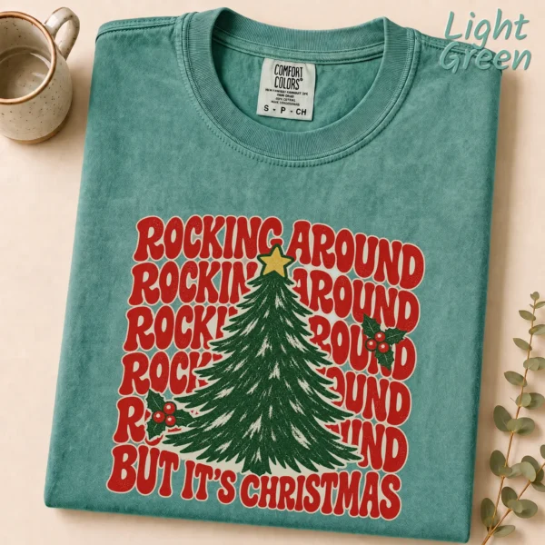 New Year's Tree Shirt, Rockin Around — alternate product mockup new year's tree shirt t-shirt product photo