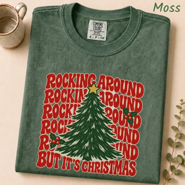 New Year's Tree Shirt, Rockin Around — alternate product mockup new year's tree shirt t-shirt product detail