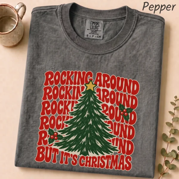 New Year's Tree Shirt, Rockin Around — alternate product mockup new year's tree shirt t-shirt product photo