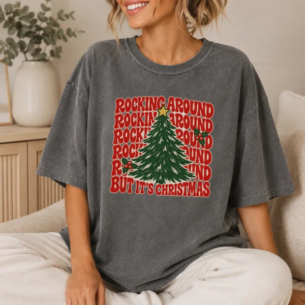 New Year's Tree Shirt, Rockin Around — lifestyle mockup new year's tree shirt t-shirt lifestyle scene