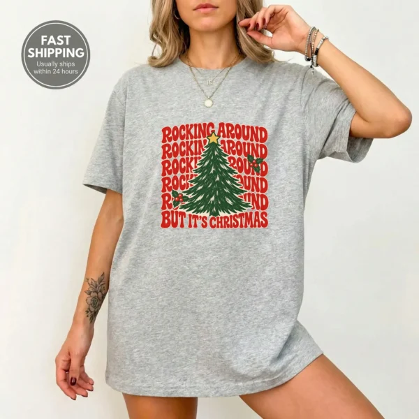 New Year's Tree Shirt, Rockin Around — alternate product mockup new year's tree shirt t-shirt product photo