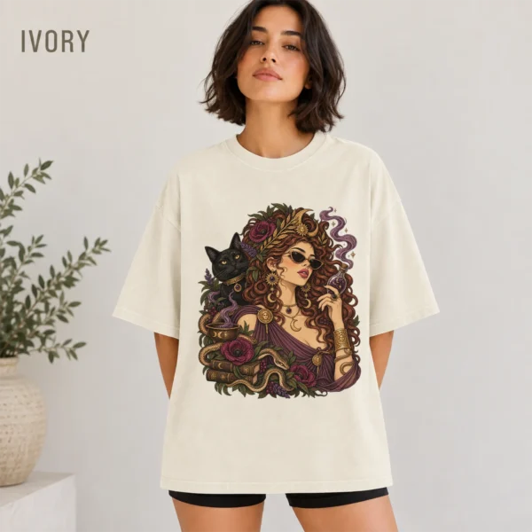 Occult Botanical Portrait Shirt, Red-Haired Woman and Black Cat — alternate product mockup occult botanical portrait shirt t-shirt color options