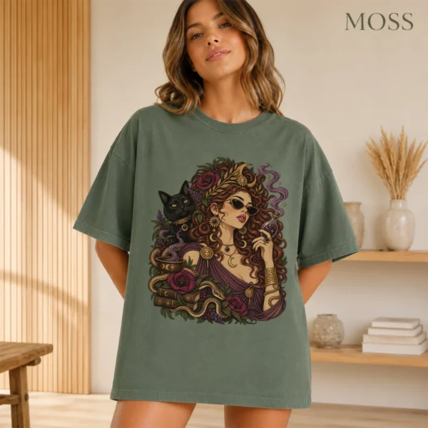 Occult Botanical Portrait Shirt, Red-Haired Woman and Black Cat — alternate product mockup occult botanical portrait shirt t-shirt color options