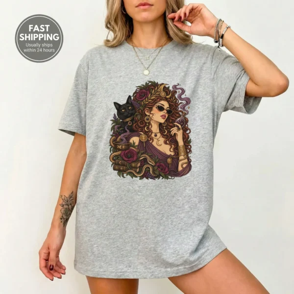 Occult Botanical Portrait Shirt, Red-Haired Woman and Black Cat — alternate product mockup occult botanical portrait shirt t-shirt styled product photo