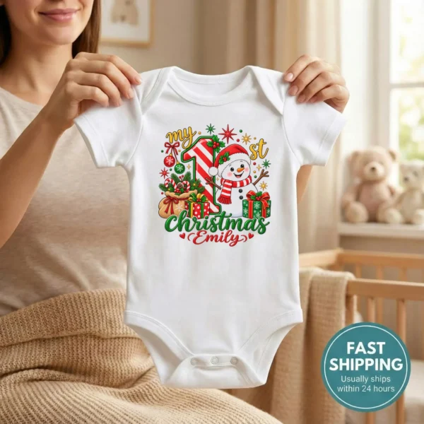 Personalized Baby First Christmas Bodysuit with Candy Cane Snowman — baby bodysuit mockup personalized baby first Christmas bodysuit with candy cane snowman baby bodysuit product detail