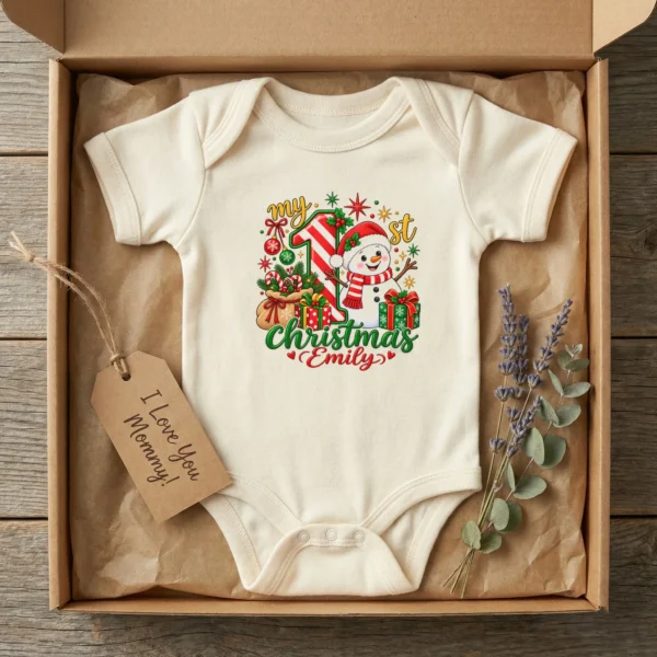 Personalized Baby First Christmas Bodysuit with Candy Cane Snowman — baby bodysuit mockup personalized baby first Christmas bodysuit with candy cane snowman baby bodysuit product photo