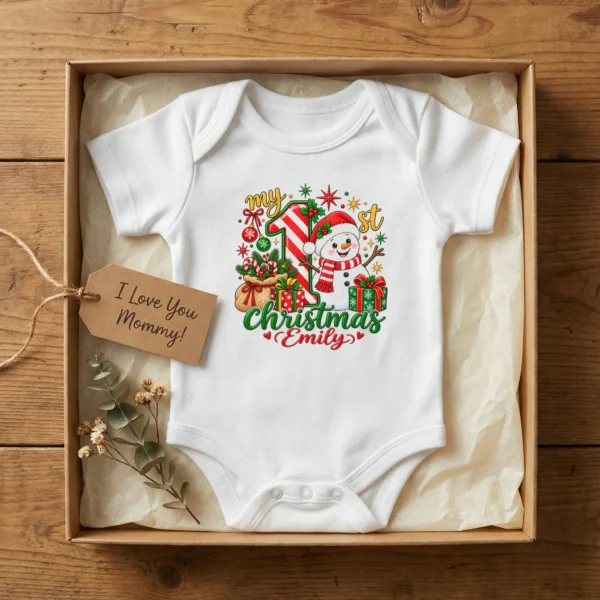 Personalized Baby First Christmas Bodysuit with Candy Cane Snowman — baby bodysuit mockup personalized baby first Christmas bodysuit with candy cane snowman baby bodysuit product photo