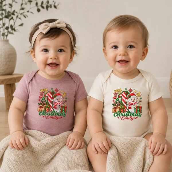 Personalized Baby First Christmas Bodysuit with Candy Cane Snowman — baby bodysuit mockup personalized baby first Christmas bodysuit with candy cane snowman baby bodysuit model mockup