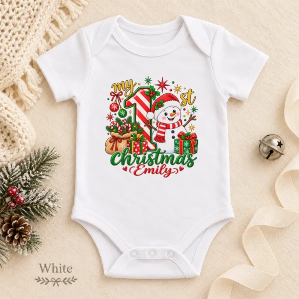 Personalized Baby First Christmas Bodysuit with Candy Cane Snowman — alternate product mockup personalized baby first Christmas bodysuit with candy cane snowman baby bodysuit color options