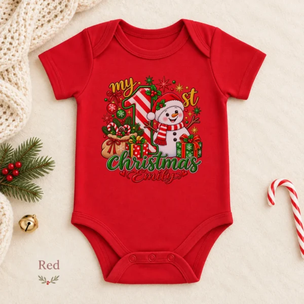 Personalized Baby First Christmas Bodysuit with Candy Cane Snowman — alternate product mockup personalized baby first Christmas bodysuit with candy cane snowman baby bodysuit color options