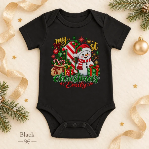 Personalized Baby First Christmas Bodysuit with Candy Cane Snowman — alternate product mockup personalized baby first Christmas bodysuit with candy cane snowman baby bodysuit color options