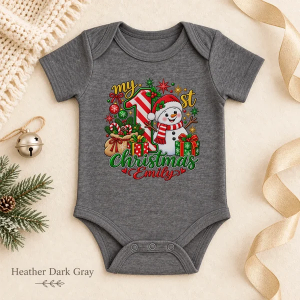 Personalized Baby First Christmas Bodysuit with Candy Cane Snowman — alternate product mockup personalized baby first Christmas bodysuit with candy cane snowman baby bodysuit color options