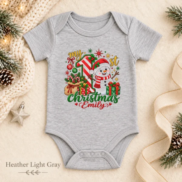 Personalized Baby First Christmas Bodysuit with Candy Cane Snowman — alternate product mockup personalized baby first Christmas bodysuit with candy cane snowman baby bodysuit color options
