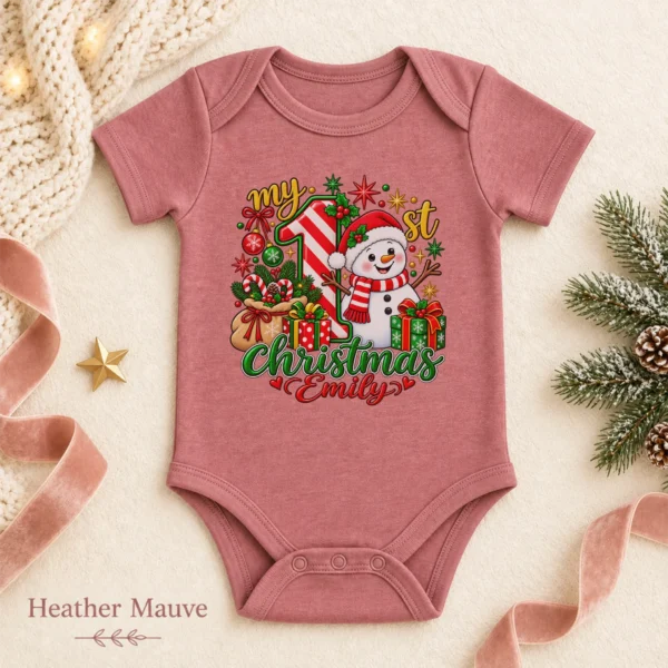 Personalized Baby First Christmas Bodysuit with Candy Cane Snowman — alternate product mockup personalized baby first Christmas bodysuit with candy cane snowman baby bodysuit color options