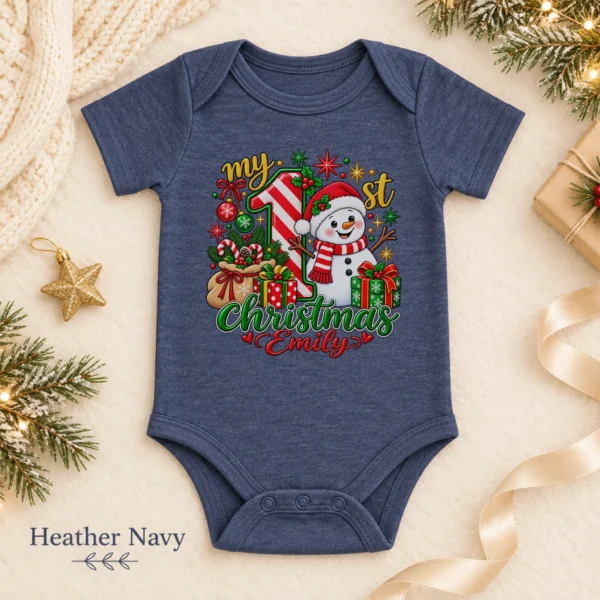 Personalized Baby First Christmas Bodysuit with Candy Cane Snowman — alternate product mockup personalized baby first Christmas bodysuit with candy cane snowman baby bodysuit color options