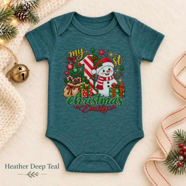 Personalized Baby First Christmas Bodysuit with Candy Cane Snowman — alternate product mockup personalized baby first Christmas bodysuit with candy cane snowman baby bodysuit color options