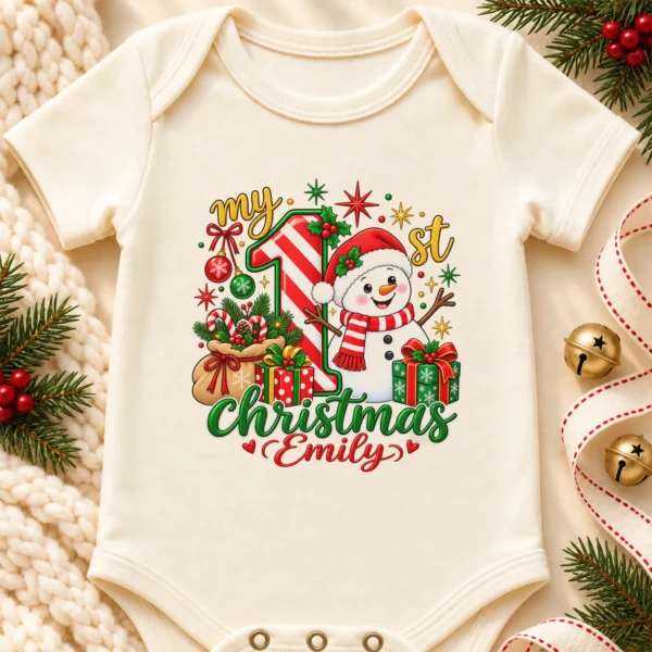 Personalized Baby First Christmas Bodysuit with Candy Cane Snowman — alternate product mockup personalized baby first Christmas bodysuit with candy cane snowman baby bodysuit lifestyle scene