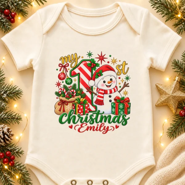 Personalized Baby First Christmas Bodysuit with Candy Cane Snowman — alternate product mockup personalized baby first Christmas bodysuit with candy cane snowman baby bodysuit product photo