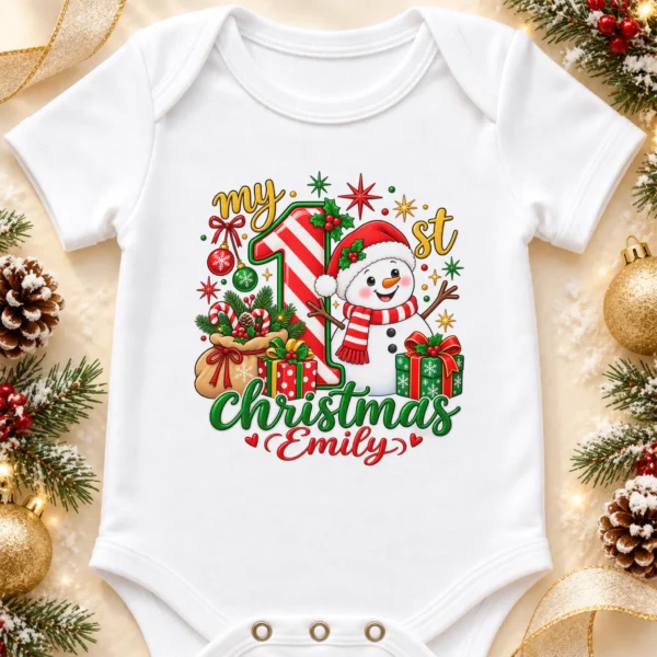 Personalized Baby First Christmas Bodysuit with Candy Cane Snowman — alternate product mockup personalized baby first Christmas bodysuit with candy cane snowman baby bodysuit product photo