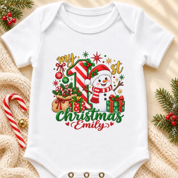 personalized baby first Christmas bodysuit with candy cane snowman baby bodysuit