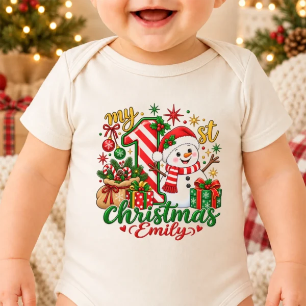 Personalized Baby First Christmas Bodysuit with Candy Cane Snowman — alternate product mockup personalized baby first Christmas bodysuit with candy cane snowman baby bodysuit front view