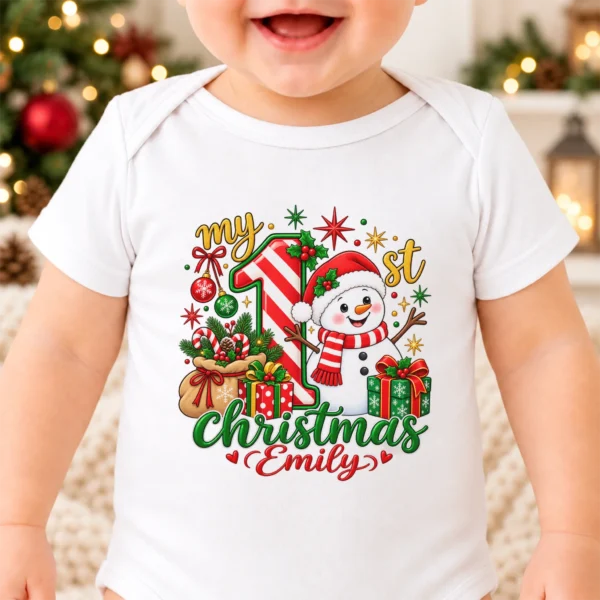 Personalized Baby First Christmas Bodysuit with Candy Cane Snowman — alternate product mockup personalized baby first Christmas bodysuit with candy cane snowman baby bodysuit close-up detail