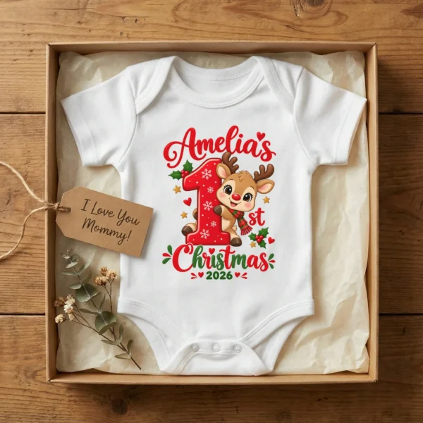 Personalized Baby First Christmas Bodysuit with Name and Year — baby bodysuit mockup personalized baby first christmas bodysuit with name and year baby bodysuit product photo