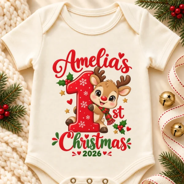 Personalized Baby First Christmas Bodysuit with Name and Year — alternate product mockup personalized baby first christmas bodysuit with name and year baby bodysuit product photo